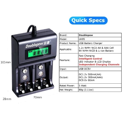 Picture of Doublepow UK-95 LED Display Smart Fast Charger with Full Charge Indicator & USB Portable Plug Connector for 1.2V  AA/AAA Size & Rechargeable 9V Ni-MH/Ni-Cd Battery - 1 Piece ( Black )