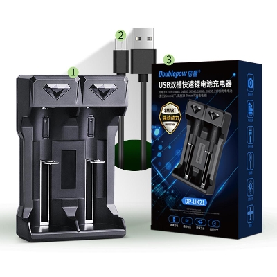 Picture of Doublepow UK21 Micro USB Port Dual Slot Universal 3.7V Li-ion Battery Charger for 18650/26650/18500/14500/10440/16340 etc Lithium Battery Fast Charger with Full Charge Indication System - 1 Piece Charger ( Black )