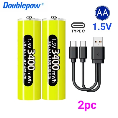 Picture of Doublepow AA Size 1.5V 3400mWh Big Capacity High Performance Rechargeable Lithium-ion Battery with Built-in USB Type-C Fast Charging & LED Indicator Facility - 2 Pieces Pack ( Yellow )