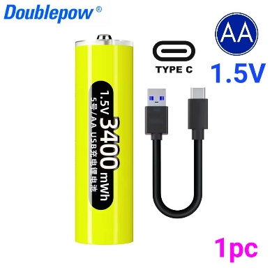 Picture of Doublepow AA Size 1.5V  3400mWh High Capacity Lithium (Li-ion) Battery with Built-in USB Type-C Fast Charging Port & LED Indicator - 1 Piece ( Yellow )