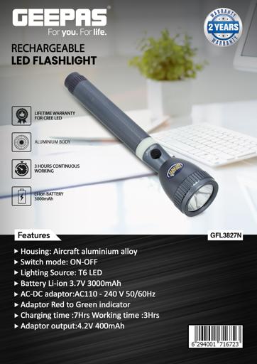 Picture of GEEPAS Original GFL3827N Rechargeable LED Flashlight (Torch Light Body Color : Grey), Portable & Lightweight | 18650 3.7V 3000mAh Li-ion Rechargeable Battery | 3hrs Working | Ideal for Indoor & Outdoor Activities | Powerful Torch - 1 Piece ( oxidation )