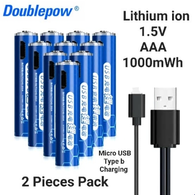 Picture of Doublepow Long Cycle Life AAA Size 1.5V 1000mWh High Performance Rechargeable Lithium-ion Batteries with Built-in Micro USB Charging Port & LED Indicator for Remote Controllers, Toys & Consumer Electronics Devices - 2 Pieces (Blue) ( Blueberry )