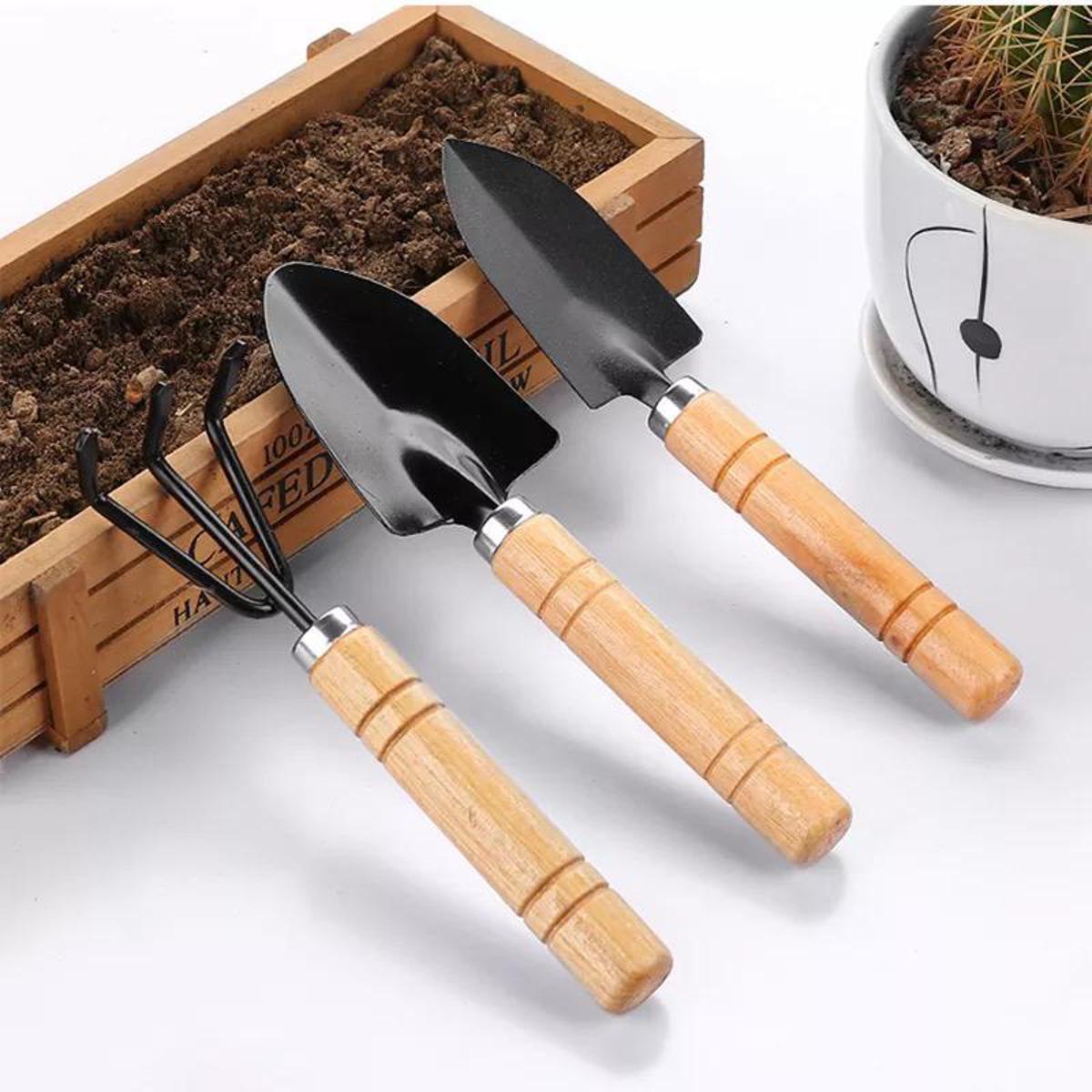 Picture of 3pcs Mini Garden Shovel Rake Spade Erramientas Bonsai Tools Set Wooden Handle For Flowers Potted Plant