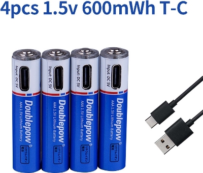 Picture of Doublepow AAA Size 1.5V 600mWh Rechargeable Li-ion Battery With Built-in USB Type-C Port &  LED Indicator, Lithium ion Power for Remote Controller, Golf Carts, Home Electronics Devices, Power Tools, Toys, Boats etc - 4 Pieces ( Blue )