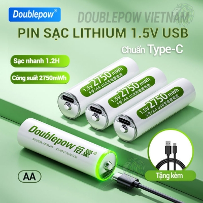 Picture of Doublepow  AA Size 1.5Volt  2750mWh High Performance Rechargeable Li-ion Big Capacity Multipurpose Uses Lithium Battery with Built-in USB Type-C Fast Charging Port & LED Indicator Facility (Point Top) - 4 Pieces ( White )