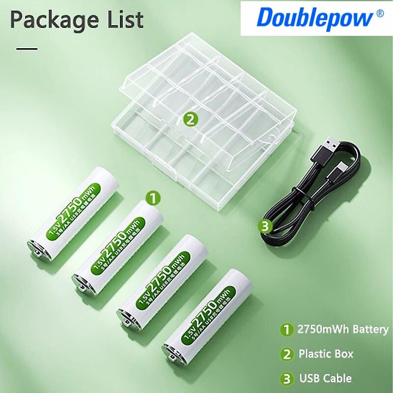 Picture of Doublepow  AA Size 1.5Volt  2750mWh High Performance Rechargeable Li-ion Big Capacity Multipurpose Uses Lithium Battery with Built-in USB Type-C Fast Charging Port & LED Indicator Facility (Point Top) - 4 Pieces ( White )
