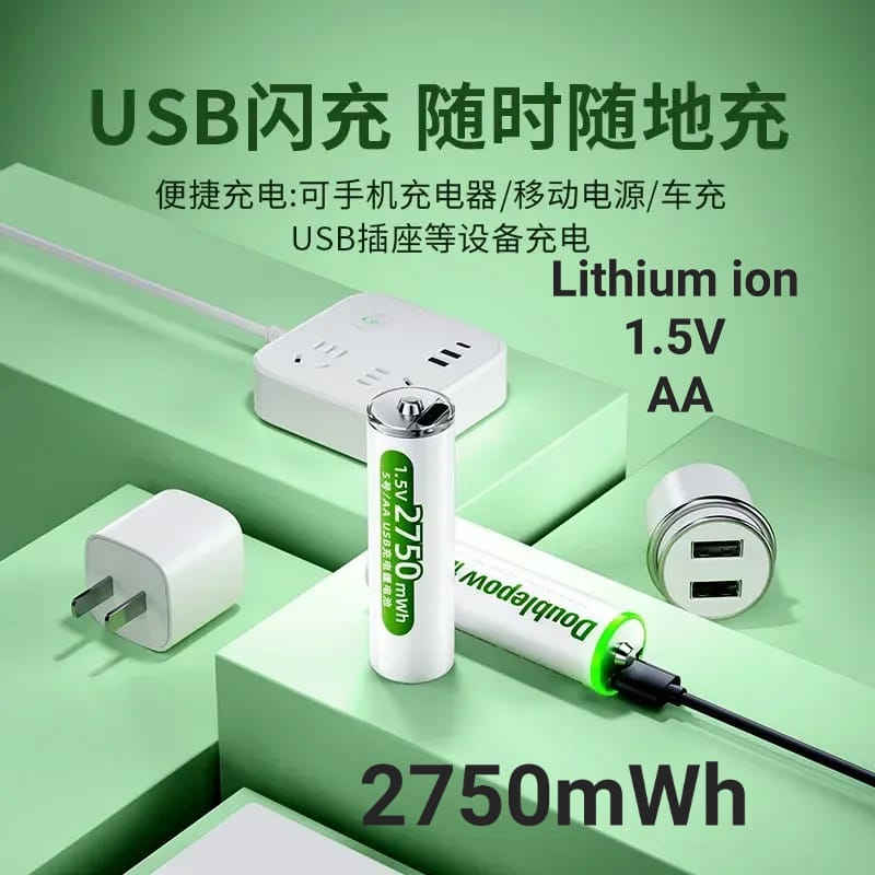 Picture of Doublepow  AA Size 1.5Volt  2750mWh High Performance Rechargeable Li-ion Big Capacity Multipurpose Uses Lithium Battery with Built-in USB Type-C Fast Charging Port & LED Indicator Facility (Point Top) - 4 Pieces ( White )