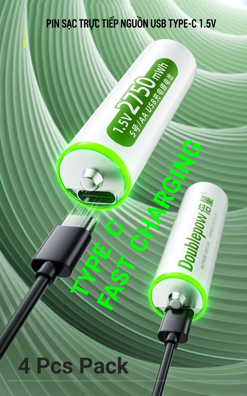 Picture of Doublepow  AA Size 1.5Volt  2750mWh High Performance Rechargeable Li-ion Big Capacity Multipurpose Uses Lithium Battery with Built-in USB Type-C Fast Charging Port & LED Indicator Facility (Point Top) - 4 Pieces ( White )