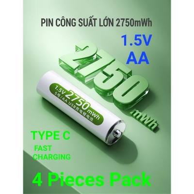 Picture of Doublepow  AA Size 1.5Volt  2750mWh High Performance Rechargeable Li-ion Big Capacity Multipurpose Uses Lithium Battery with Built-in USB Type-C Fast Charging Port & LED Indicator Facility (Point Top) - 4 Pieces ( White )