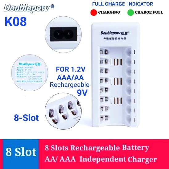 Picture of Doublepow  DP-K08 8-Slot Multifunctional Intelligent Fast Charger with Full Charge Indication System For 1.2V AAA/AA Size & Rechargeable 9V Batteries - 1 piece ( White )