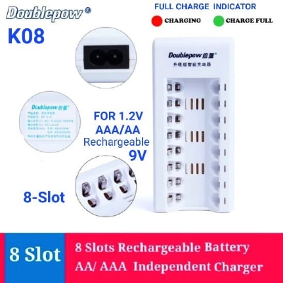 Picture of Doublepow  DP-K08 8-Slot Multifunctional Intelligent Fast Charger with Full Charge Indication System For 1.2V AAA/AA Size & Rechargeable 9V Batteries - 1 piece ( White )