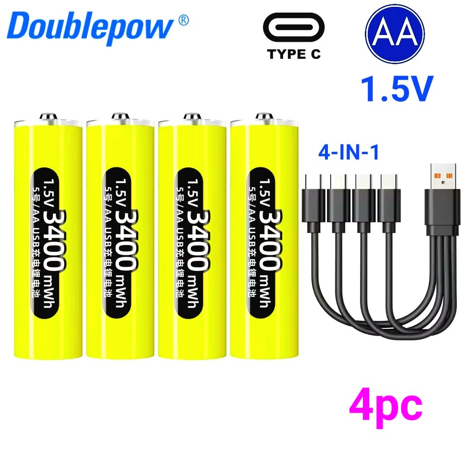 Picture of Doublepow AA Size 1.5V 3400mWh High Capacity Li-ion Rechargeable Battery with Built-in USB Type-C Fast Charging Port & LED Indicator Facility Lithium-ion Heavy Duty Battery - 4 Pieces Pack ( Yellow )