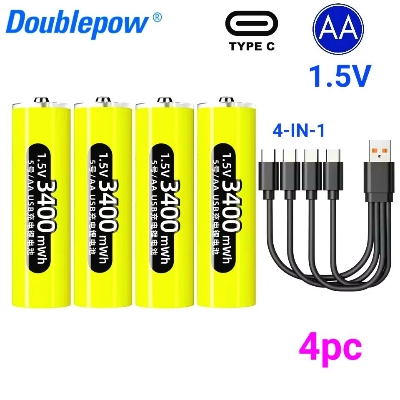 Picture of Doublepow AA Size 1.5V 3400mWh High Capacity Li-ion Rechargeable Battery with Built-in USB Type-C Fast Charging Port & LED Indicator Facility Lithium-ion Heavy Duty Battery - 4 Pieces Pack ( Yellow )