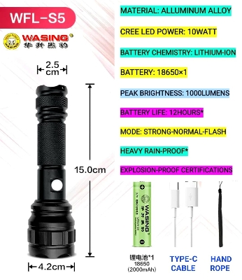 Picture of WASING WFL-S5 Explosion Proof Rechargeable 10Watt LED Zoom Light with USB Type-C Fast Charging System - 1 Piece ( Black )