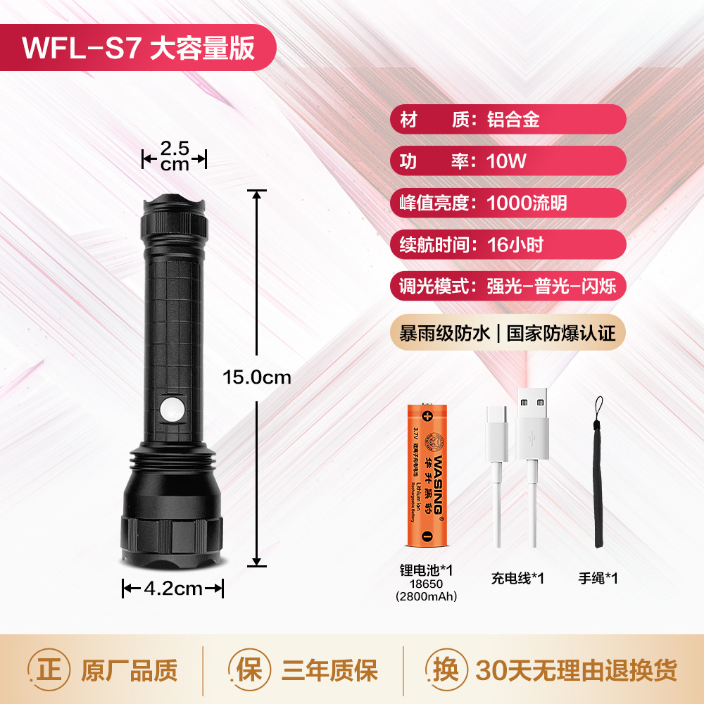 Picture of WASING WFL-S7 Explosion-proof Certified Telescopic Zoom Mini Flashlight Steeples Focus Built-in Type-C Charging Port With10W Strong Beam 1000 Lumen Super Bright Long-range 6 Inch Long Safety Torch Light for Personal & Outdoor Use - 1 Piece ( Black )