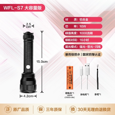 Picture of WASING WFL-S7 Explosion-proof Certified Telescopic Zoom Mini Flashlight Steeples Focus Built-in Type-C Charging Port With10W Strong Beam 1000 Lumen Super Bright Long-range 6 Inch Long Safety Torch Light for Personal & Outdoor Use - 1 Piece ( Black )