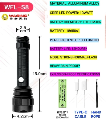 Picture of WASING WFL-S8 Explosion-proof Certified Telescopic Zoom Steeples Focus Built-in Type-C Charging System Rechargeable Flashlight With 10W Strong Beam 1000 Lumen Super Bright Long-range 6" Long Mini Torch Light  For Personal Safety Use - 1 Piece ( Black )