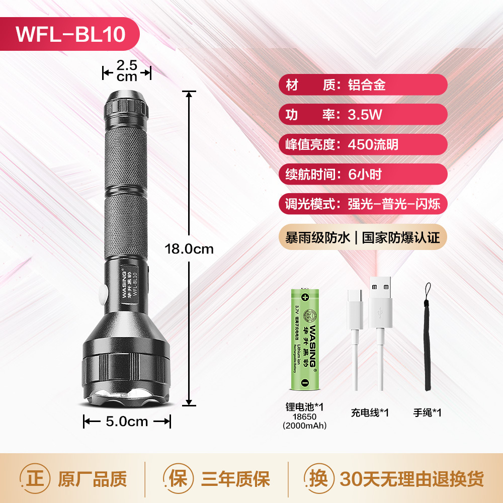 Picture of WASING WFL-BL10 Explosion-proof Certified Rechargeable Multi-function Flashlight with Built-in Type-C Charging Port 3.5W Strong Beam 450 Lumens Super Bright Long-range 7" Long Mini Torch Light For Industrial & Personal Safety Use - 1 Piece ( Grey )