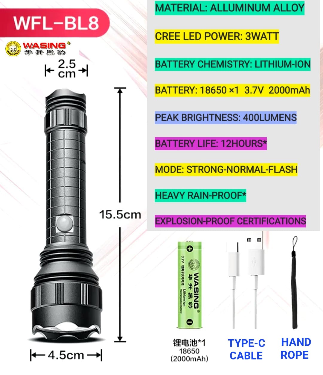 Picture of WASING WFL-BL8 Explosion-proof Certified Multi-function Built-in Type-C Port Rechargeable Mini Flashlight with 3W Strong Beam 400 Lumen Super Bright Long-range 6 Inch Long Mini Torch Light for Fire Safety Industries & Personal Use - 1 Piece ( Grey )