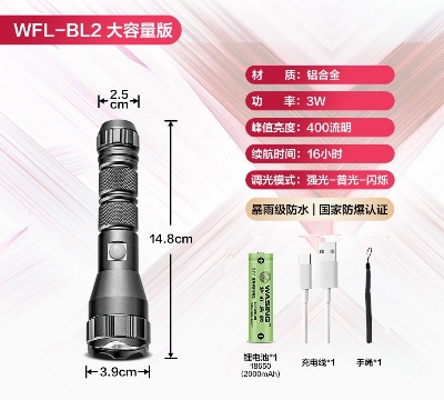 Picture of WASING WFL-BL2 Explosion-proof Multi-function Rechargeable Strong Beam Flashlight with Super Bright Long-range Torch Light for Industry, Warehouse, Factory Security, Steel Re-rolling Mills etc  & Personal Safety Use - 1 Piece ( Grey )