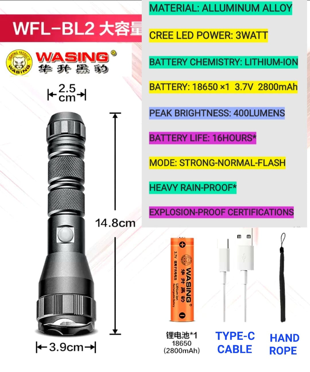 Picture of WASING WFL-BL6 Explosion-proof Certified Rechargeable Multi-function 6" Long Mini Torch Light With 3W Strong Beam 400 Lumen Super Bright Long-range Flashlight for Fire Safety Industries, Steel Re-rolling Mills, Warehouses & Personal Use - 1 Piece ( Grey )