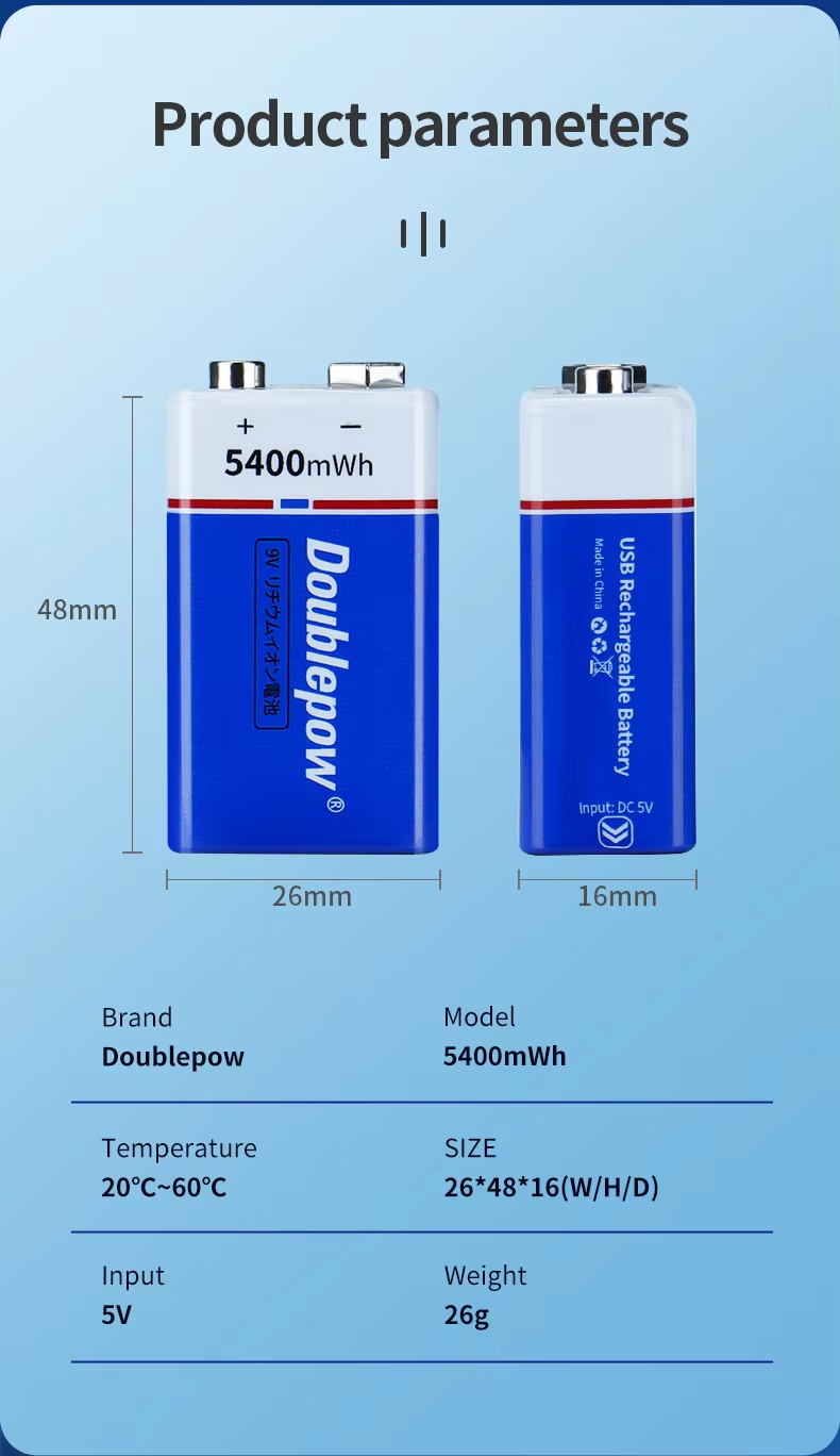 Picture of Doublepow 9V 5400mWh Lithium-ion Rechargeable Battery with Built-in USB Type-C Fast Charging Port High Capacity Battery for Electric Vehicles, Boats, Smoke Alarms, Toys, Medical Equipments & Home Appliances - 2 Pieces ( Blue )