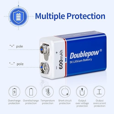 Picture of Doublepow 9V 5400mWh/600mAh Lithium-ion Rechargeable Battery with Built-in USB Type-C Fast Charging Port High Capacity Battery for Electric Vehicles, Boats, Smoke Alarms, Toys, Medical Equipments & Home Appliances - 1 Piece ( Blue )