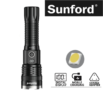 Picture of Sunford  SF-474ZL Telescopic Zoomable 30W High Power White LASER LED Flashlight / Torch with Digital LED Display & Power Bank Facility - 1 Piece ( Black )