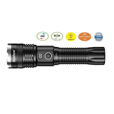Picture of Sunford  SF-474ZL Telescopic Zoomable 30W High Power White LASER LED Flashlight / Torch with Digital LED Display & Power Bank Facility - 1 Piece ( Black )