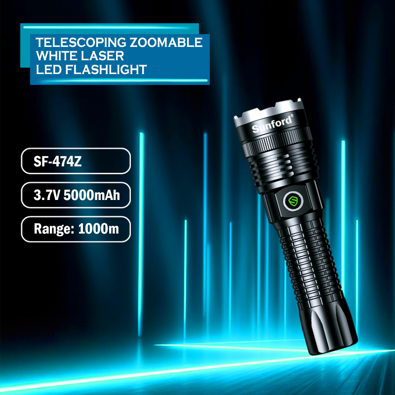 Picture of Sunford  SF-474ZL Telescopic Zoomable 30W High Power White LASER LED Flashlight / Torch with Digital LED Display & Power Bank Facility - 1 Piece ( Black )