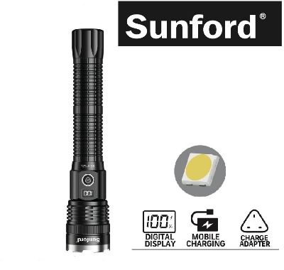 Picture of Sunford SF-475ZL Telescopic Zoomable 30W White LASER LED Flashlight / Torch with Digital LED Display & Power Bank Facility - 1 Piece ( Black )