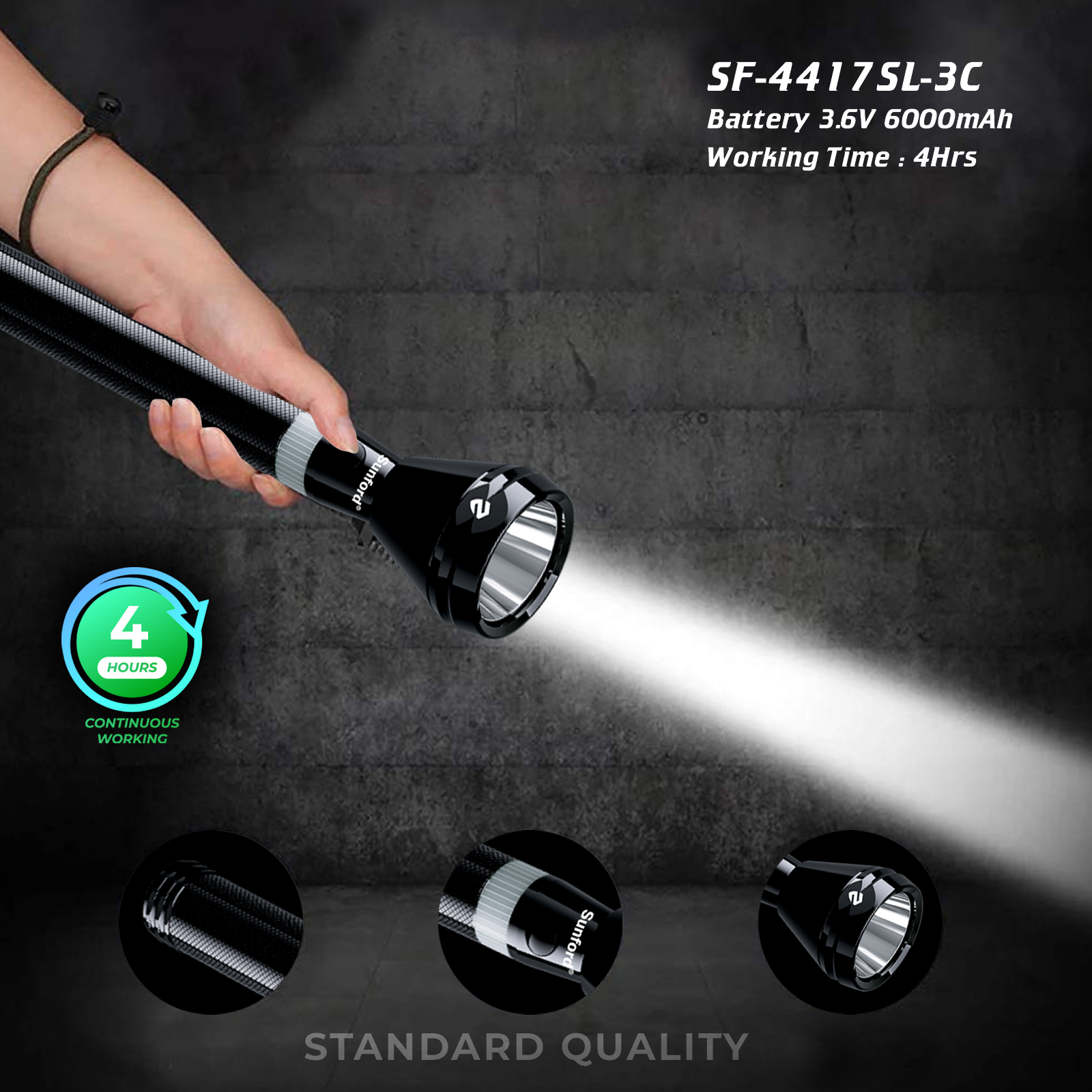Picture of Sunford Rechargeable LED Flashlight Model SF-4417SL-3C - 1 Piece ( Black )