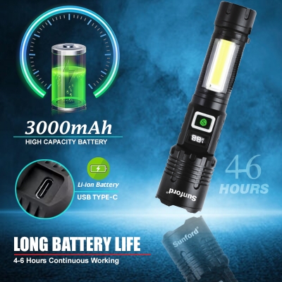 Picture of Sunford SF-452ZE Telescopic Zoomable 20W LED Multifunctional Zoom Torch / Flashlight With Strong Emergency Side Light - 1 Piece ( Black )