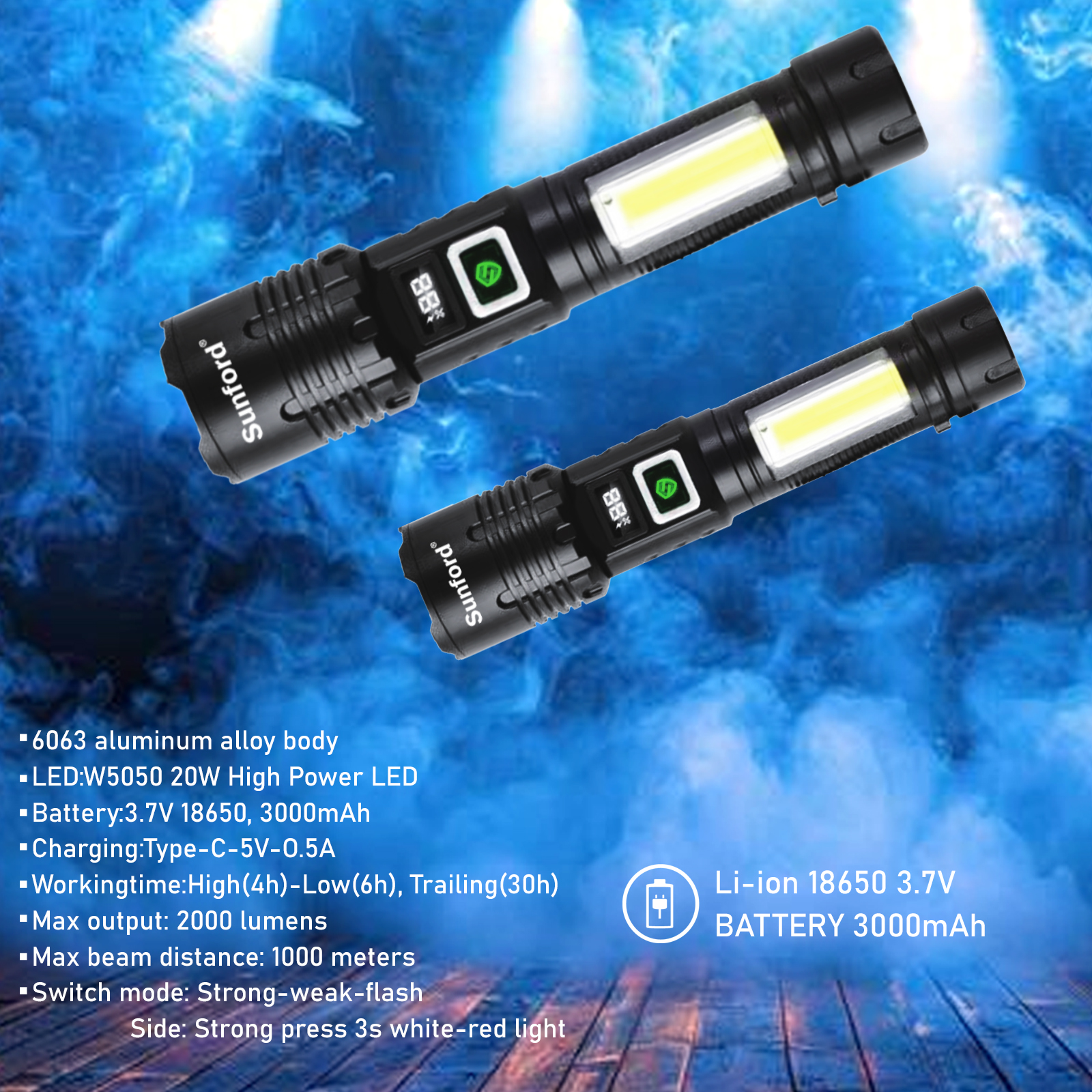 Picture of Sunford SF-452ZE Telescopic Zoomable 20W LED Multifunctional Zoom Torch / Flashlight With Strong Emergency Side Light - 1 Piece ( Black )