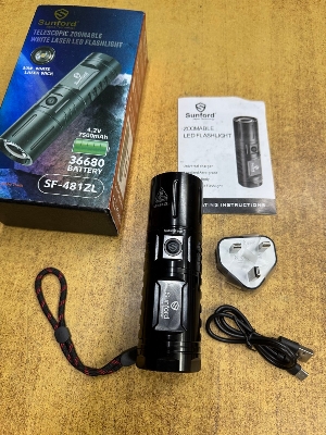 Picture of Sunford SF-481ZL Telescopic Zoomable 30W High Powered LED Zoom Torch / Flashlight with Power Bank Facility - 1 Piece ( Black )