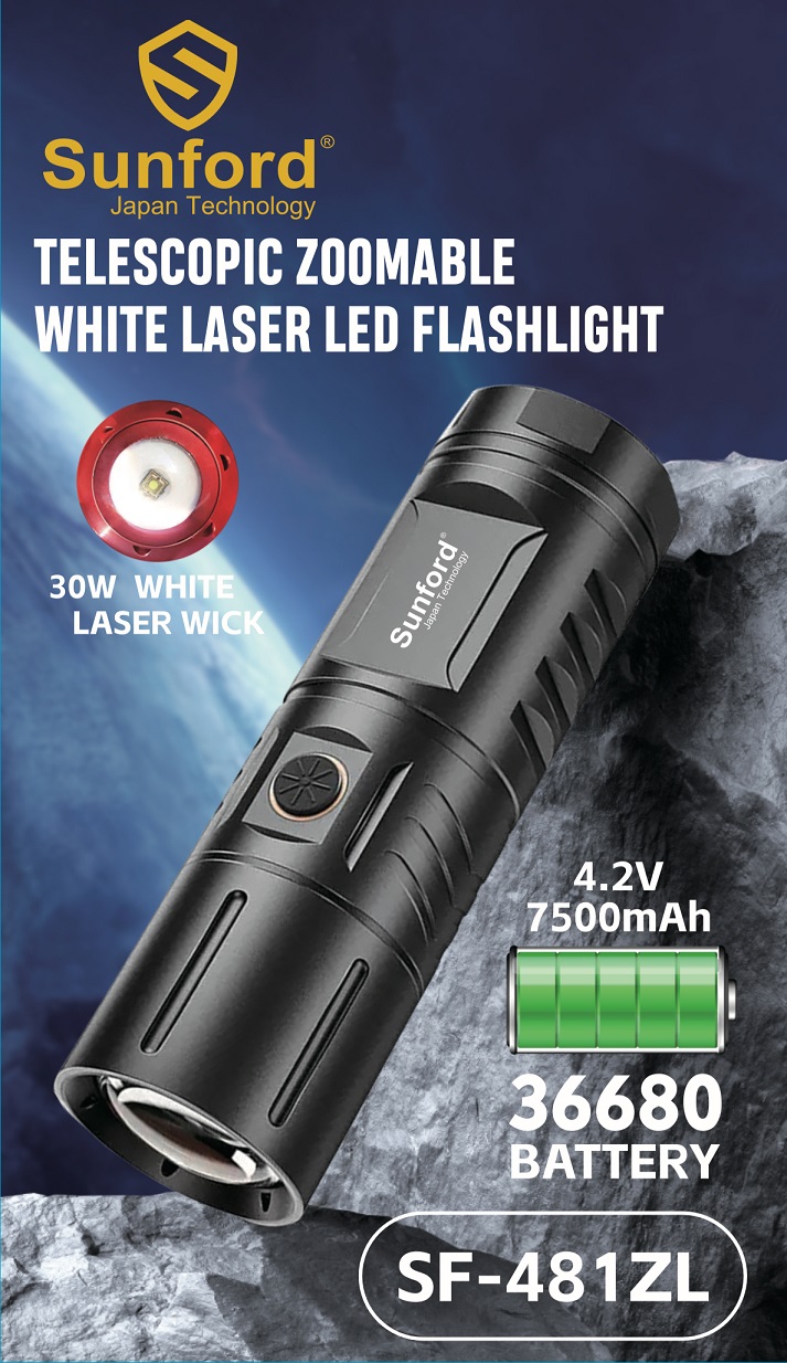 Picture of Sunford SF-481ZL Telescopic Zoomable 30W High Powered LED Zoom Torch / Flashlight with Power Bank Facility - 1 Piece ( Black )
