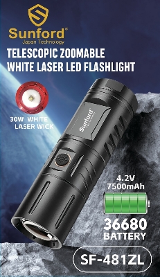 Picture of Sunford SF-481ZL Telescopic Zoomable 30W High Powered LED Zoom Torch / Flashlight with Power Bank Facility - 1 Piece ( Black )