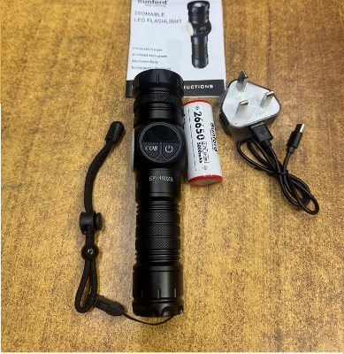 Picture of Sunford SF-462ZE Telescopic Zoomable Multifunctional 30W High Powered LED Zoom Torch / Flashlight with Power Bank and Emergency Lighting Facility - 1 Piece ( Black )