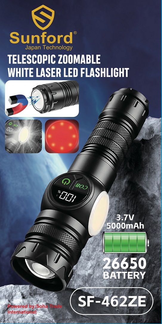 Picture of Sunford SF-462ZE Telescopic Zoomable Multifunctional 30W High Powered LED Zoom Torch / Flashlight with Power Bank and Emergency Lighting Facility - 1 Piece ( Black )