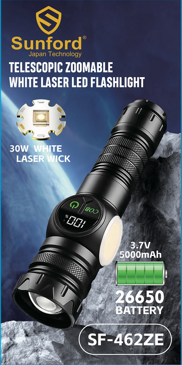 Picture of Sunford SF-462ZE Telescopic Zoomable Multifunctional 30W High Powered LED Zoom Torch / Flashlight with Power Bank and Emergency Lighting Facility - 1 Piece ( Black )