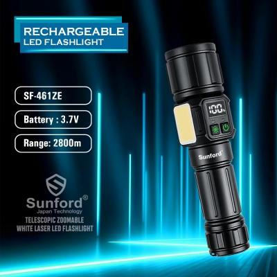 Picture of Sunford SF-461ZE Telescopic Zoomable Multifunctional 30W High Powered LED Zoom Torch / Flashlight with Power Bank, Emergency Side Light and LED Display Facility - 1 Piece ( Black )