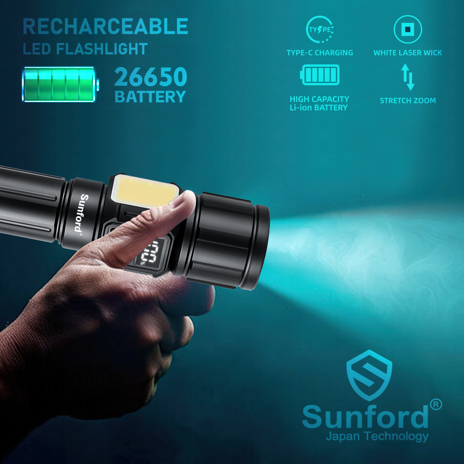 Picture of Sunford SF-461ZE Telescopic Zoomable Multifunctional 30W High Powered LED Zoom Torch / Flashlight with Power Bank, Emergency Side Light and LED Display Facility - 1 Piece ( Black )