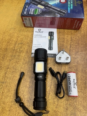 Picture of Sunford SF-461ZE Telescopic Zoomable Multifunctional 30W High Powered LED Zoom Torch / Flashlight with Power Bank, Emergency Side Light and LED Display Facility - 1 Piece ( Black )