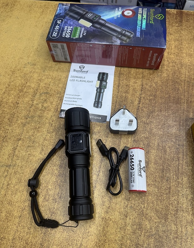 Picture of Sunford SF-461ZE Telescopic Zoomable Multifunctional 30W High Powered LED Zoom Torch / Flashlight with Power Bank, Emergency Side Light and LED Display Facility - 1 Piece ( Black )