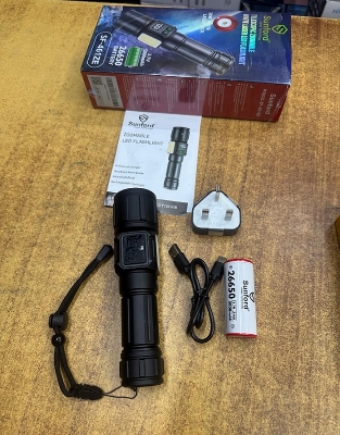 Picture of Sunford SF-461ZE Telescopic Zoomable Multifunctional 30W High Powered LED Zoom Torch / Flashlight with Power Bank, Emergency Side Light and LED Display Facility - 1 Piece ( Black )