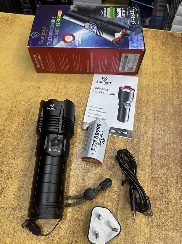 Picture of Sunford SF-484ZL Telescopic Zoomable 30W High Powered LED Zoom Torch / Flashlight with Power Bank Facility - 1 Piece ( Black )