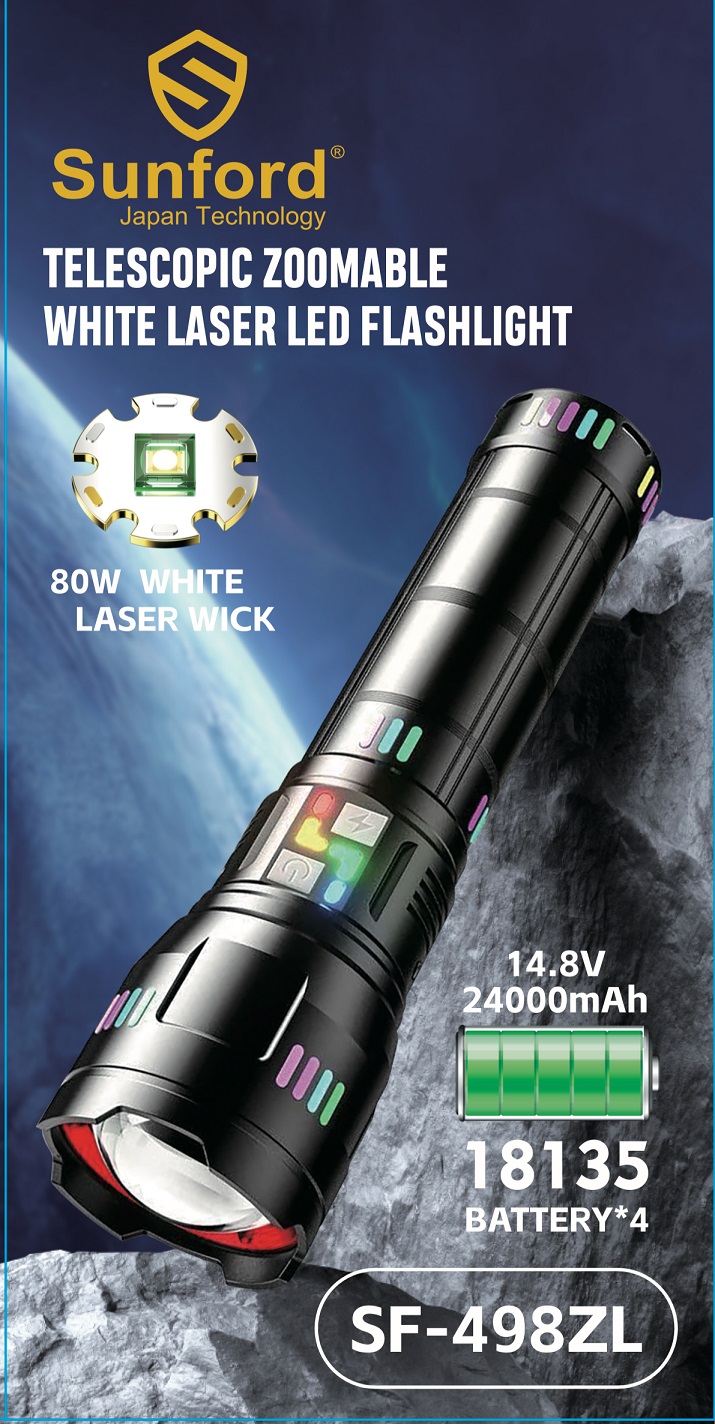 Picture of Sunford SF-498ZL Telescopic Zoomable 80W Super High Powered LED Zoom Torch / Flashlight with Power Bank Facility - 1 Piece ( Black )