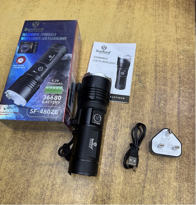 Picture of Sunford SF-480ZE Telescopic Zoomable 30W High Powered Zoom Torch / Flashlight with Power Bank and Emergency Light Facility - 1 Piece ( Black )