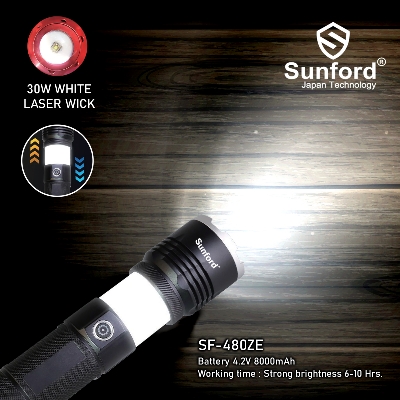 Picture of Sunford SF-480ZE Telescopic Zoomable 30W High Powered Zoom Torch / Flashlight with Power Bank and Emergency Light Facility - 1 Piece ( Black )
