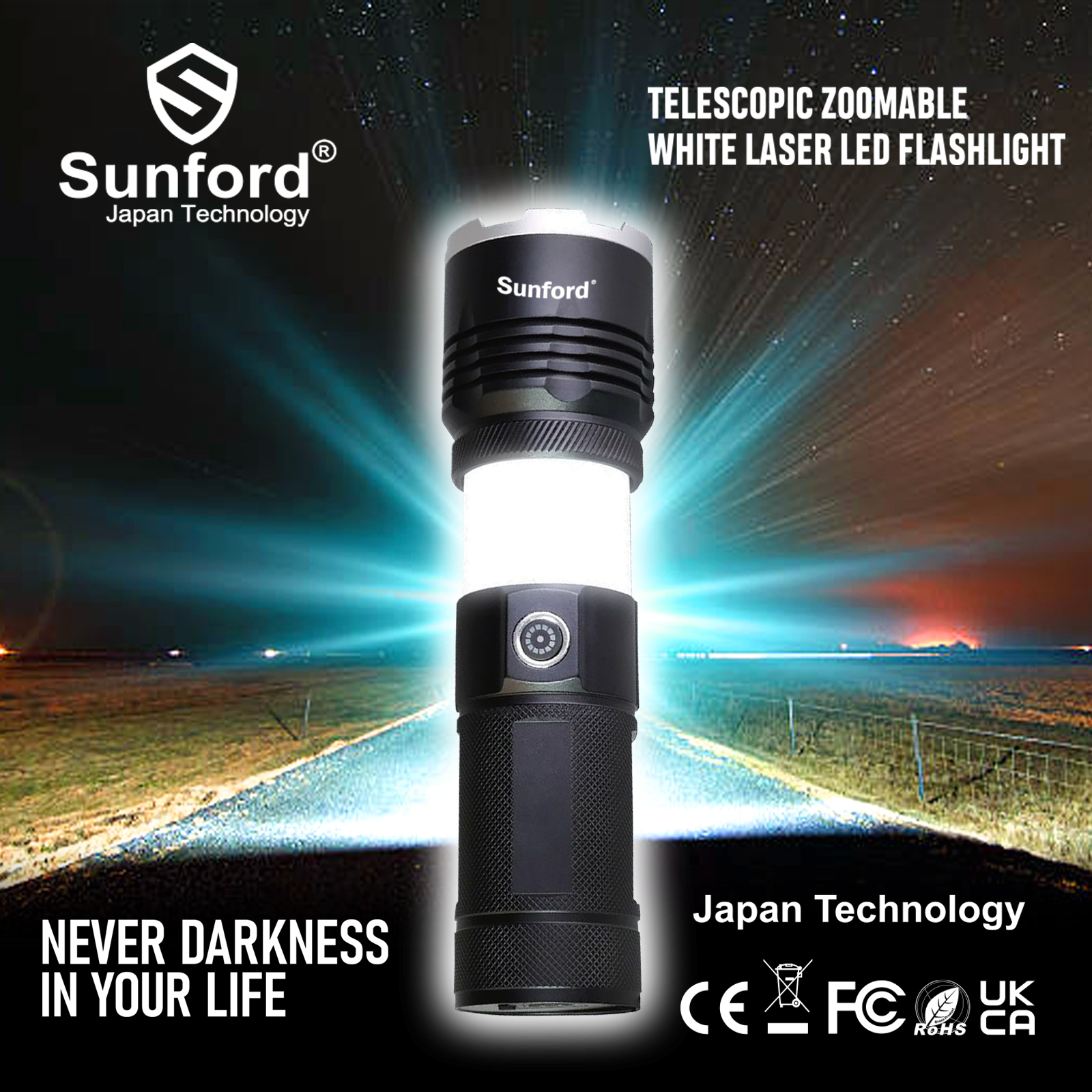 Picture of Sunford SF-480ZE Telescopic Zoomable 30W High Powered Zoom Torch / Flashlight with Power Bank and Emergency Light Facility - 1 Piece ( Black )